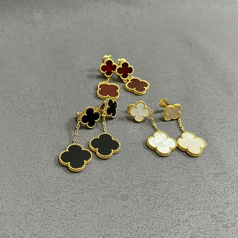 High quality s925 sterling silver 18K gold rose gold leaf two flower earrings women onyx mother ear clips factory wholesale
