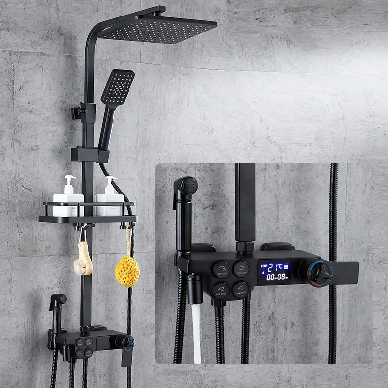 Роскошный настенный дизайн термостатический цифровой черный дождевик для ванной комнаты смеситель для душа набор с распылителем для биде Shattaf