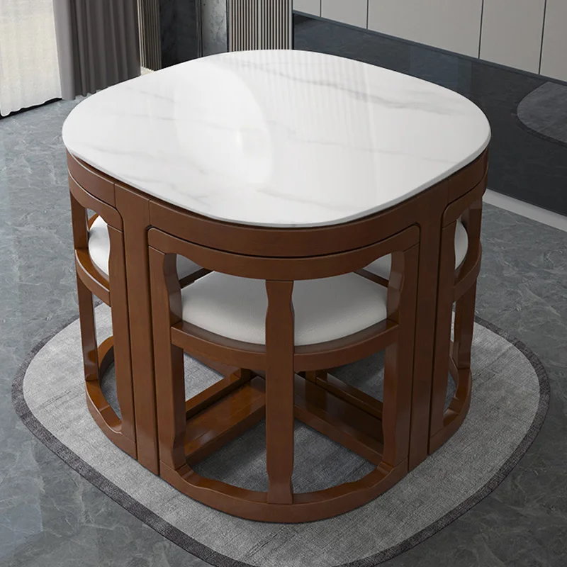 Marble Rock Slab Dining Table Set Luxury Solid Wood Induction Cooktop Space Saving Lightweight Small Household Modern Design