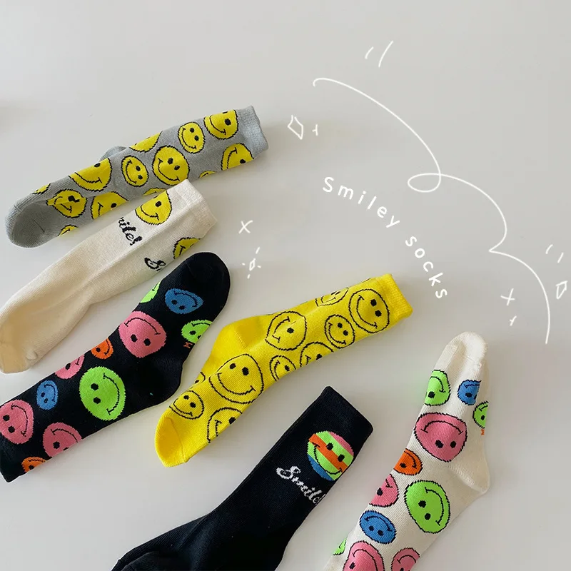 
New design autumn boy children cotton socks candy color with smiley face printed kids socks 