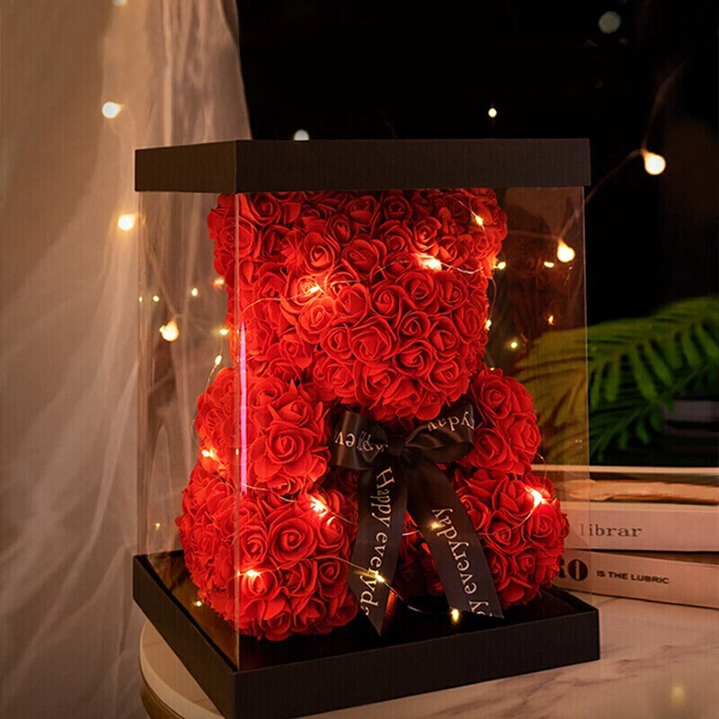 Новый Рождественский подарок на день Святого Валентина розовый медведь в подарочной коробке искусственные цветы декор розы плюшевые медведи