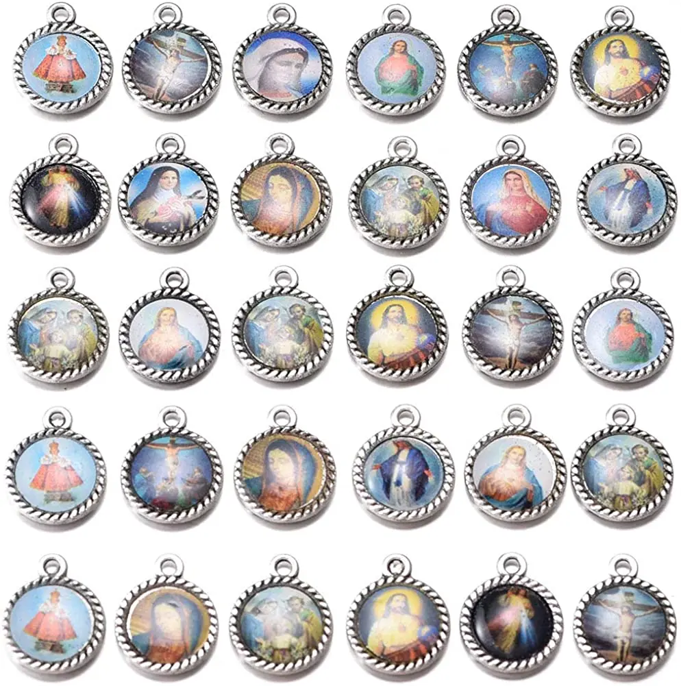 100pcs Mix Picture Round Enamel Our Lady Miraculous Medal Floral Rosary Centerpiece Jesus Virgin Mary Catholic Alloy 16mmx13mm
