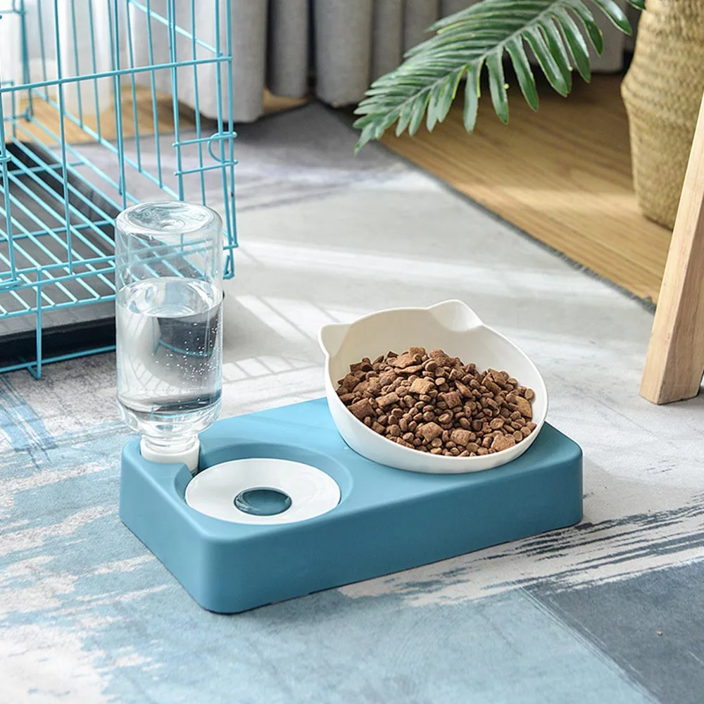 PETCOME Manufacturers Adjustable 15 Degree Tilted 2 In 1 Feeding Bottle Cat Shape Bowl