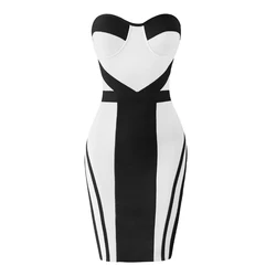 Fashion  Off  Shoulder Patchwork Bandage Club Dress Sexy Zipper Strapless Bodycon Dress