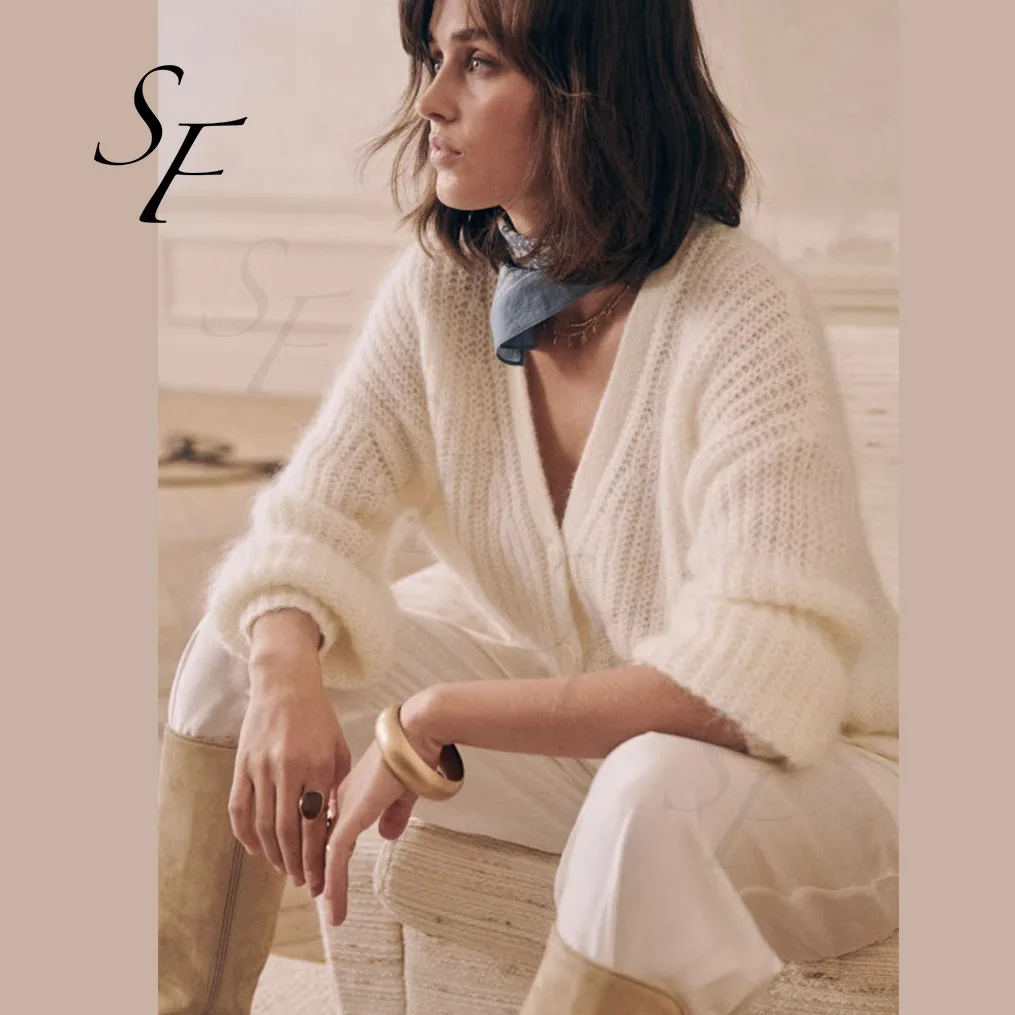 Custom winter mohair wool solid color puffed sleeve beaded rib knitwear sweater sexy V neck knit cardigan for women