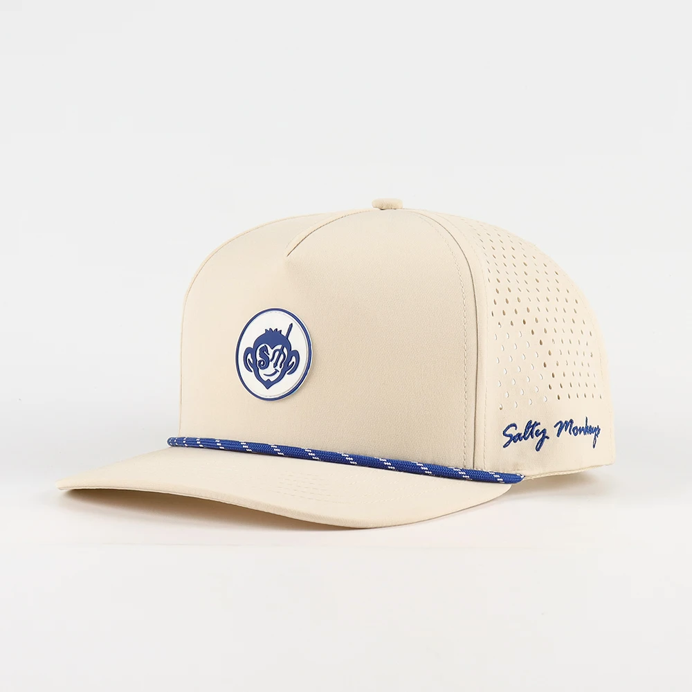 Wholesale 5 Panel New Collection Golf Hat Custom Rubber Patch Rope Slightly Curved Baseball Cap Water Friendly White Sport Cap