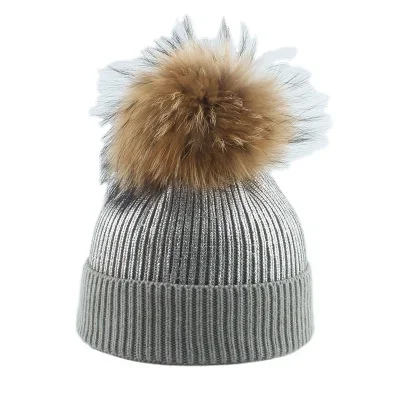 Newest winter hat mommy and me warm chunky knit hat crochet family matching beanie cap with real fur pompom
