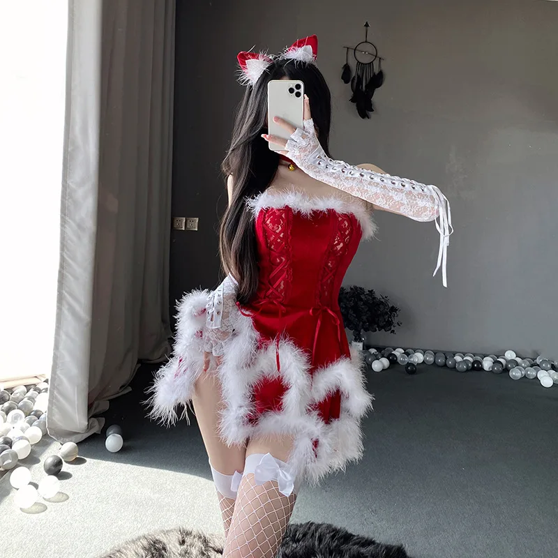 Christmas Santa Claus Reindeer Hooded Shawl Outfits Xmas Women Furry Red Strapless Dress Cosplay Costumes
