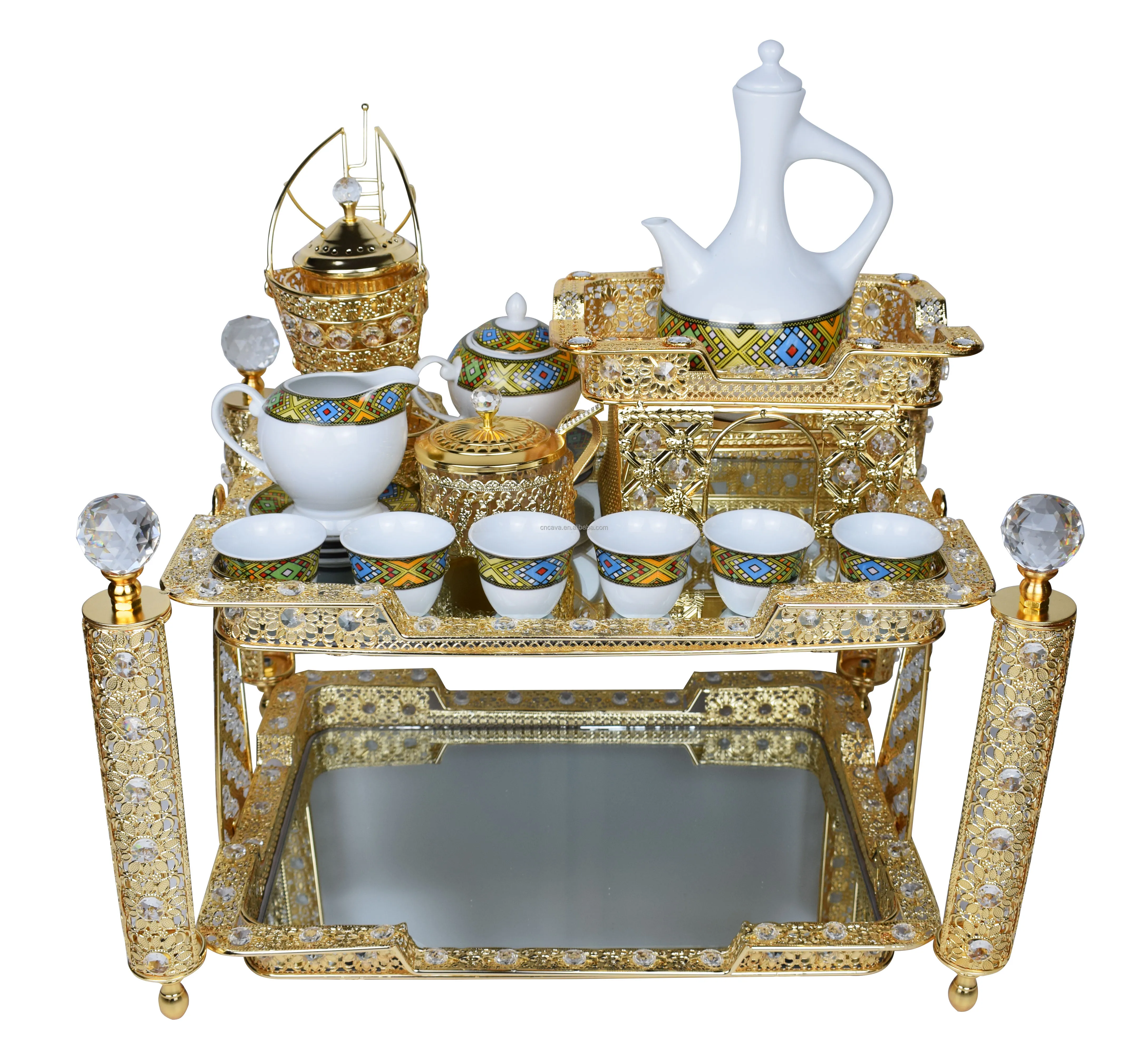 mid-east popular new fancy metal ethiopian coffee rekebot tray set with coffee cups and saucers