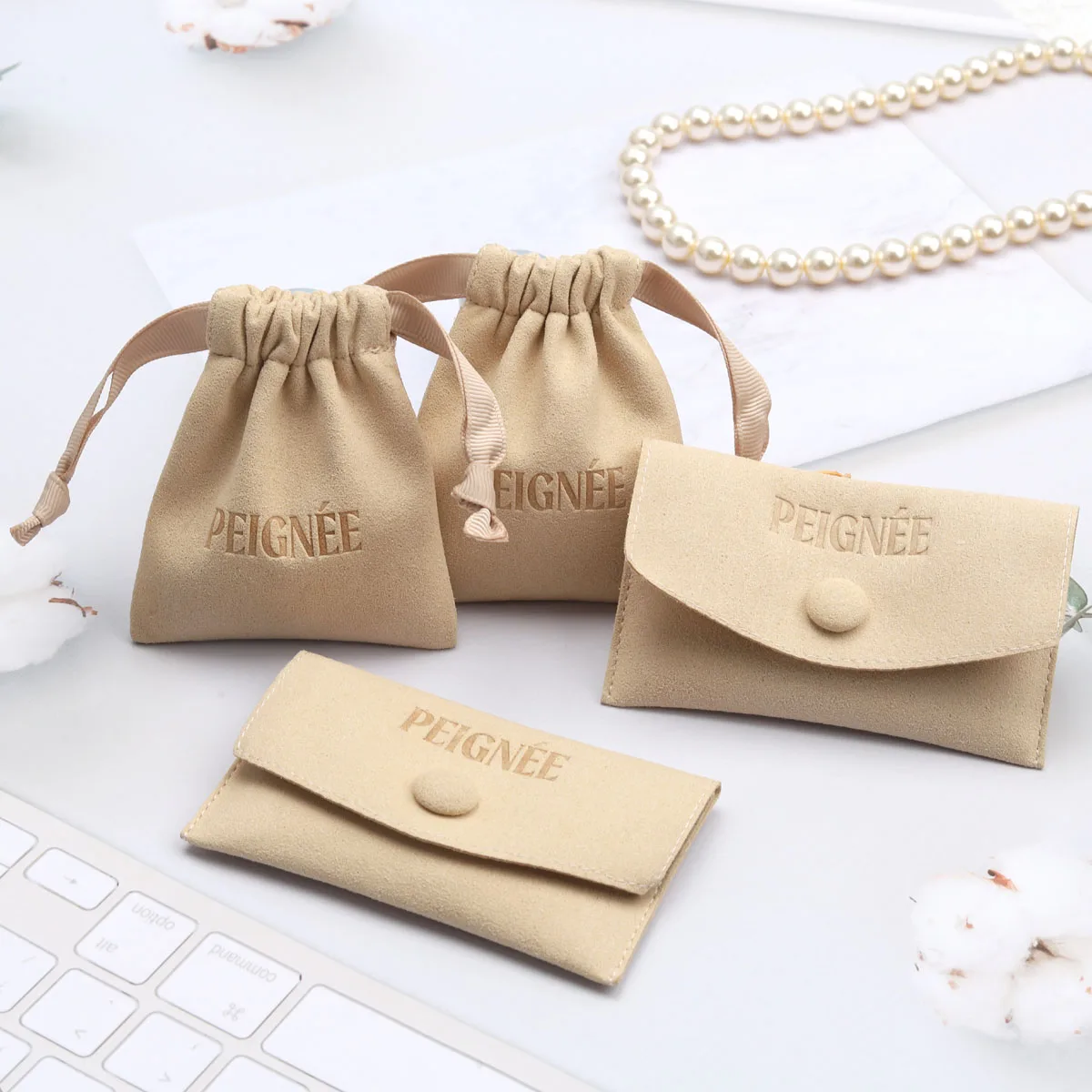 Custom Logo Emboss Microfiber Drawstring Jewelry Storage Bag Luxury Suede Envelope Ring Necklace Microfiber Jewelry Pouch