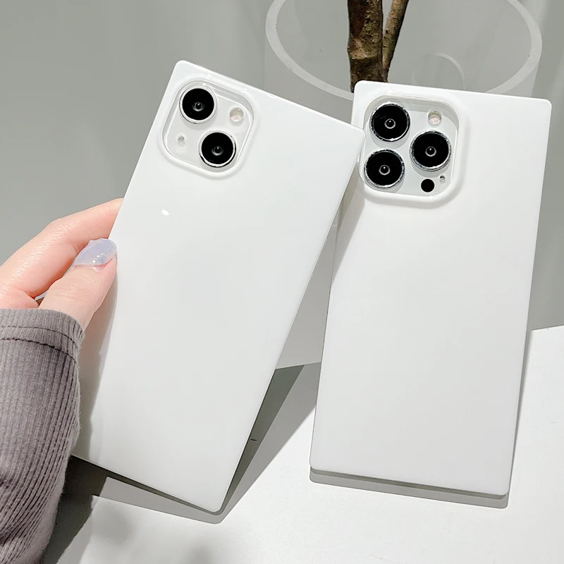 Fashion Milk White Straight Edge Square Glossy Shockproof Soft TPU Phone Case for iPhone 11 12 XS XR 7 8 Plus 13 Pro Max