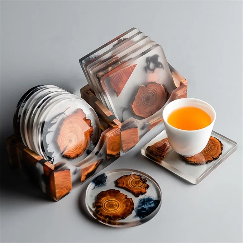 Hot 2024 Japanese resin tea cup mat creative kungfu tea solid wood Flower Crystal Epoxy Resin Coaster Set Wood Resin Coaster
