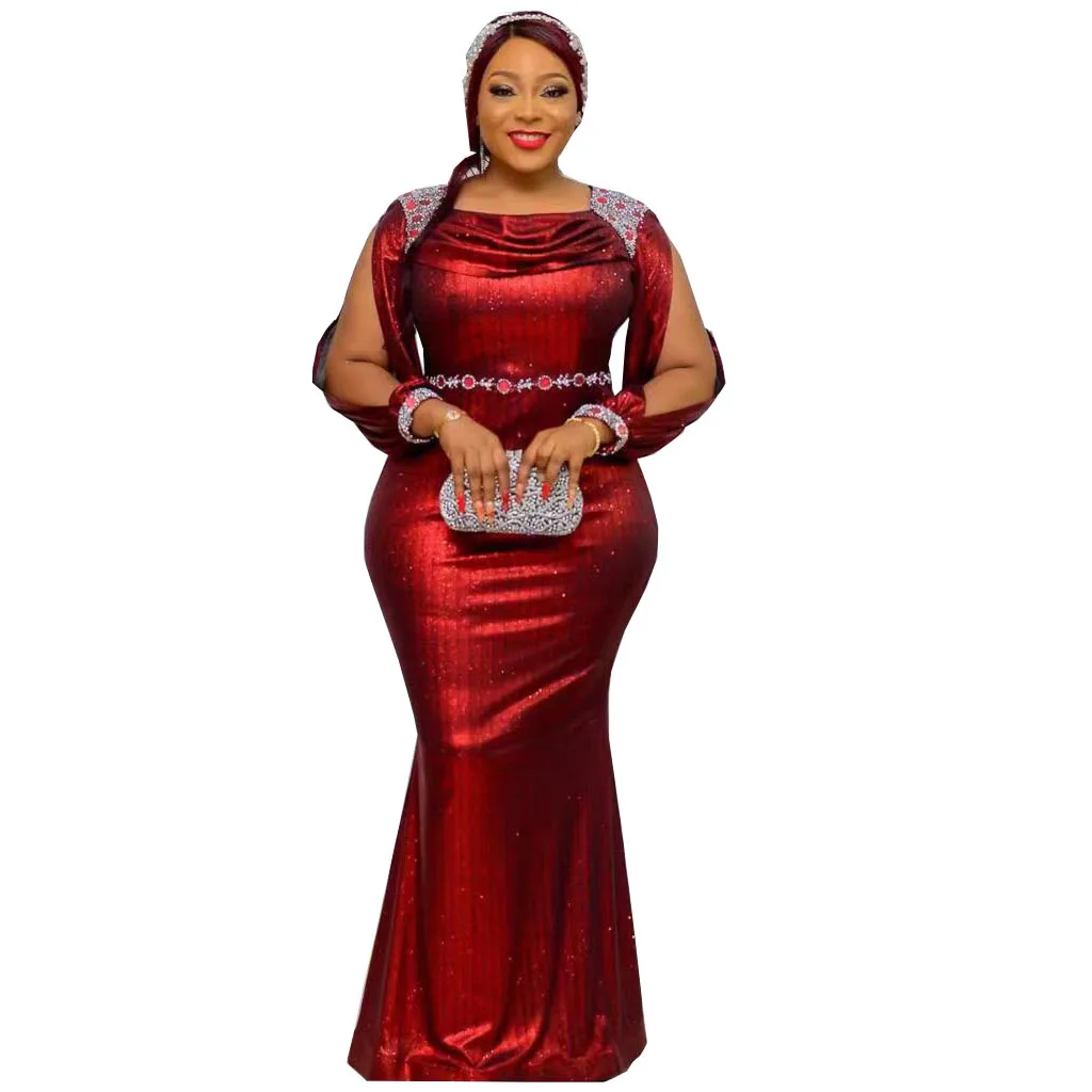 African Women Clothing Stretch Mesh Sequin Evening Slim Fit Fishtail Long Sleeve Round Neck Hot Drilling Dress For Women