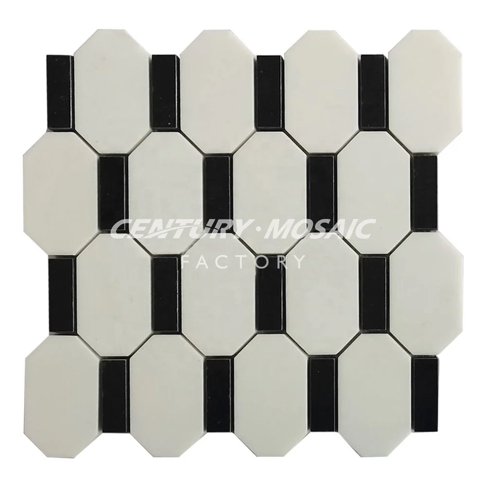 Century Mosaic Natural Stone Marble White Black Octagon Strip Mosaic Tile Flooring Wall