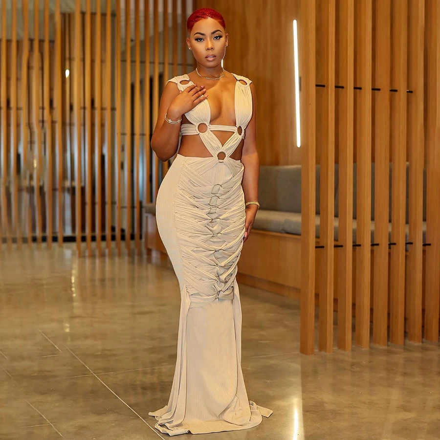 Kliou K24D48213 Skinny Robe Ruched Slim Dress Concise Sexy Cleavage Maxi Dresses Ladies Solid Elegant Women Casual Dresses