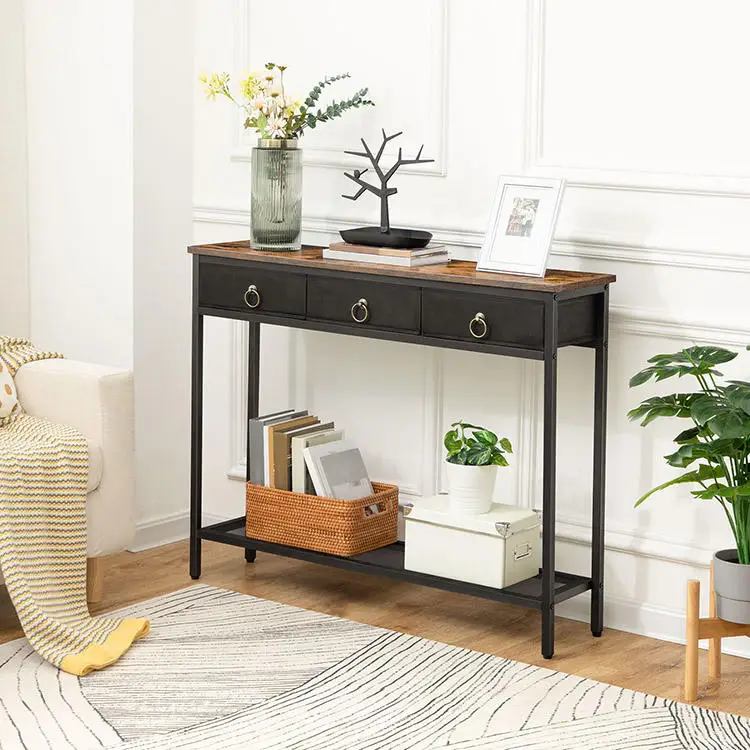 Suoernuo Wholesale Living Room Hallway Console Table Narrow Sofa Table with 3 Storage Drawers and Mesh Shelves Entryway Table