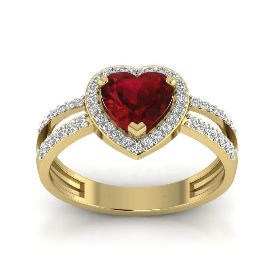 FirstMadam 18k Yellow Gold Heart Shaped Garnet and Round Lab White Diamond Halo Engagement Ring