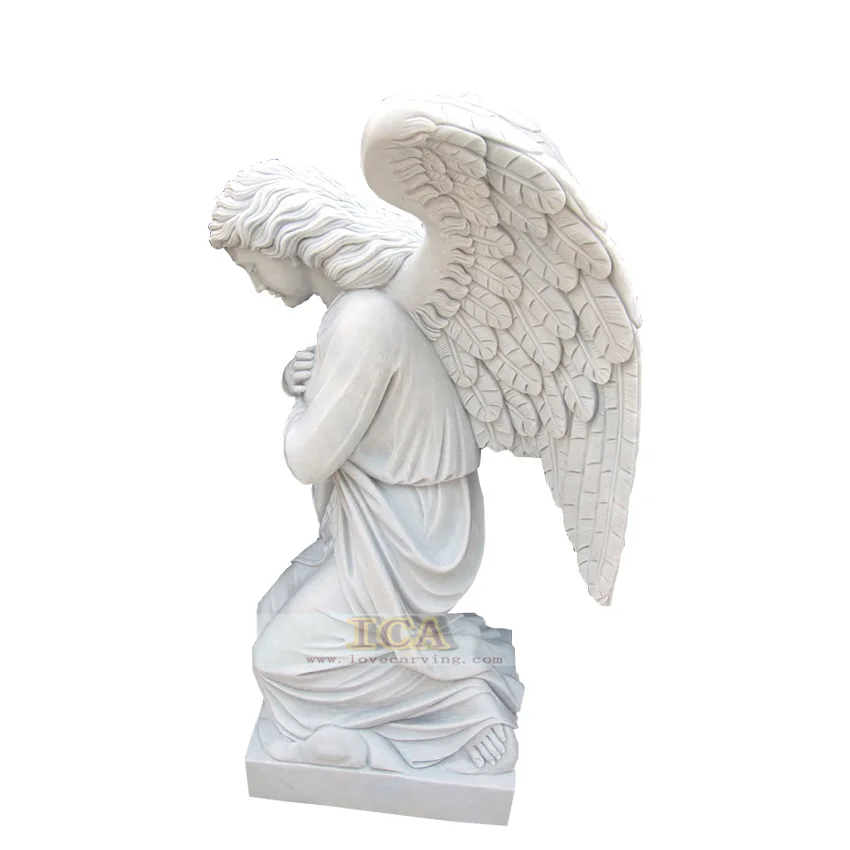 Religious White Marble Garden Kneeling Angel Statue Headstone