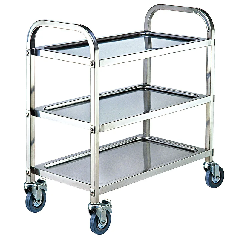 Stainless 3 Shelf Utility Service Cart 3-Tier Kitchen Trolley SUS201 Storage Cart with Locking Wheels for Hotels Restaurant