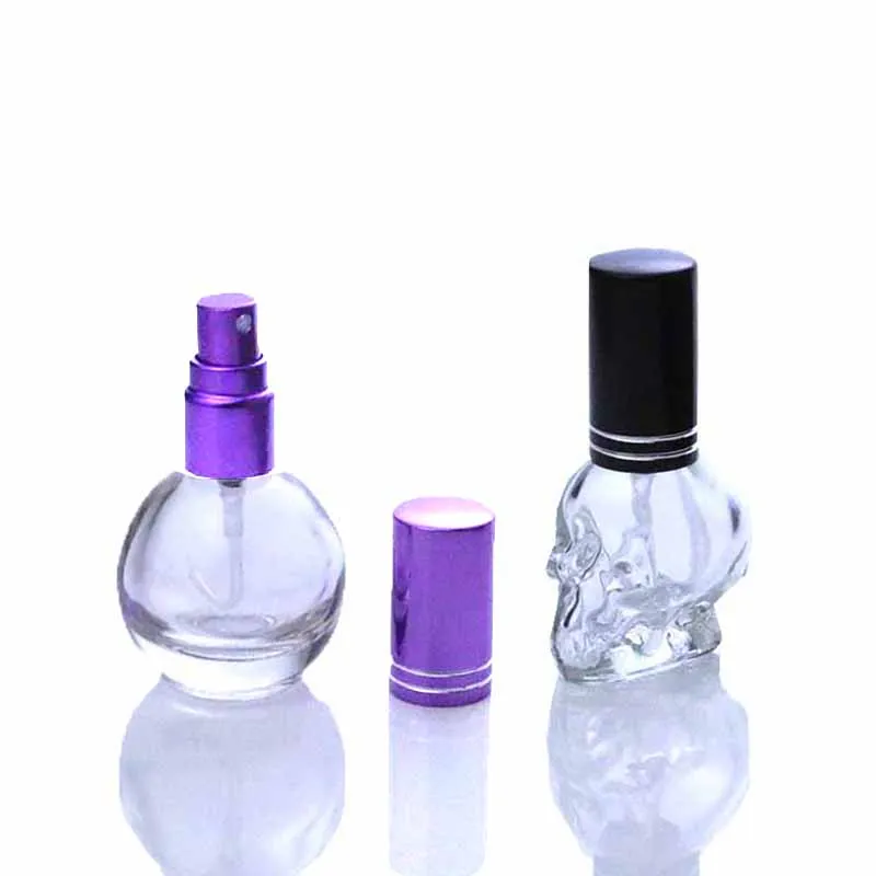 In stock Empty Mini 5ml 10ml Clear Cool Skull Shape Perfume Glass Bottle with Mist Sprayer(GPM20-S)