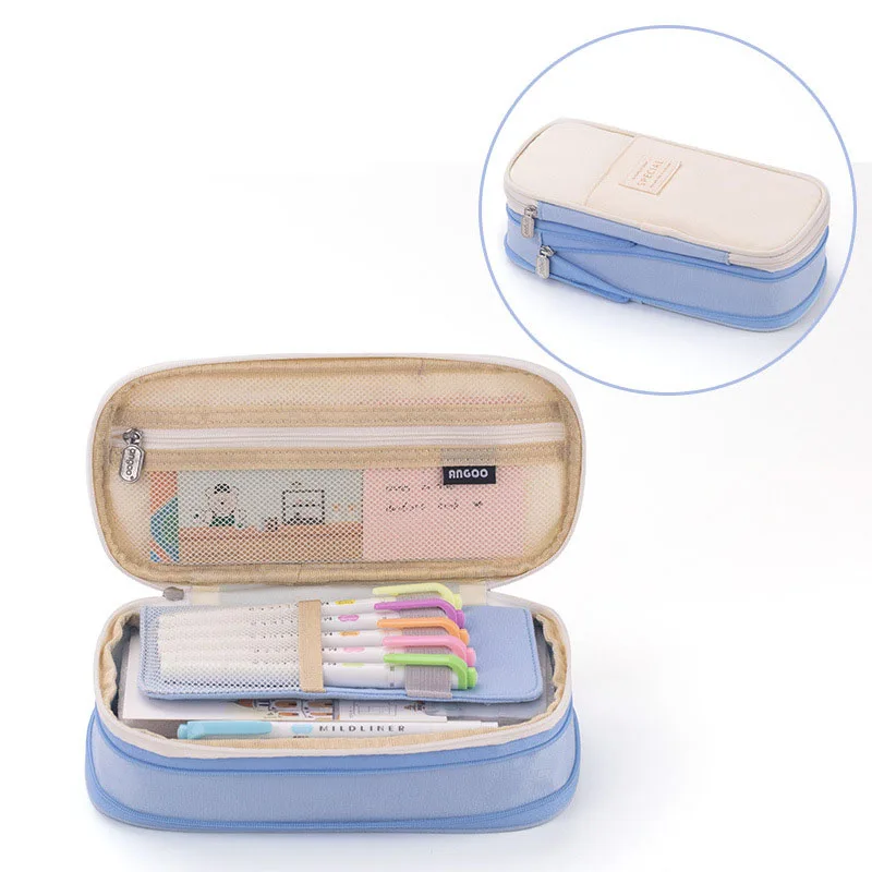 Hotsale Large-Capacity Primary School Students Solid Color Pencil Case 2 Zipper Stationery Box Pen with Box for Girls Boys