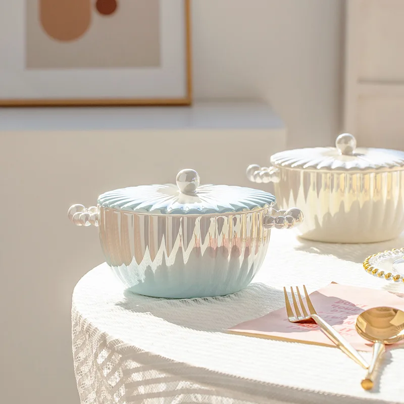 HY Pearl Ceramic Soup Bowl Instant Noodle Bowl with Lid Single Double Ear Delicate Ramen Bowl