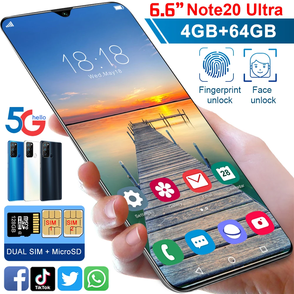 Глобальный смартфон Note20 6 дюйма HD распознавание лица Распознавание отпечатков пальцев мобильный телефон