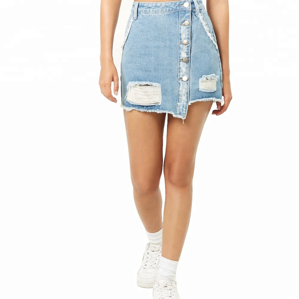 Frayed button custom irregular denim short skirts for ladies womens Knit skirts mini