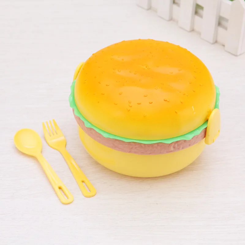 plastic hamburger shaped school kids lunch box with fork and spoon