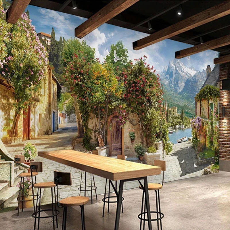 KOMNNI Custom 3d Poster Wallpaper Retro European Small Town Large Landscape Mural Coffee Shop Restaurant Background Wall Mural