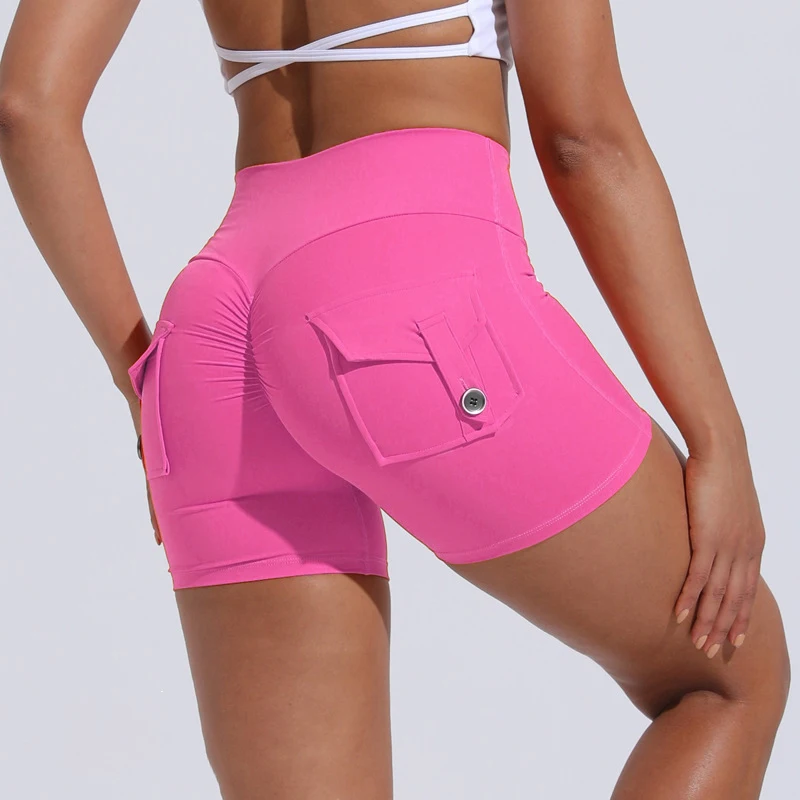 High Quality Nude Feeling Casual Biker Shorts Back Peach Hip Pocket Scrunch Butt Sexy Slim Quick Drying Yoga Shorts for Women