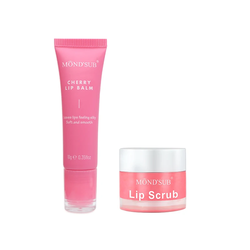 Custom Organic Fruit Cherry Vegan Exfoliating Pink Lip Scrub And Balm Set Moisturizing Lip Balm Mask Lip Care Kit
