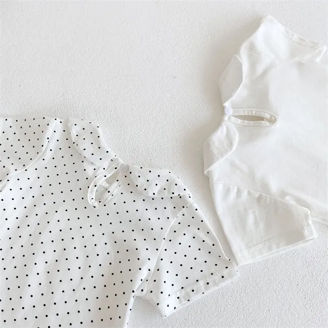 1 Pcs Custom Tag Plain Cotton Romper Summer Newborn Infant Toddler Clothes Peter Pan Collar Short Sleeve Baby Girls Bodysuit