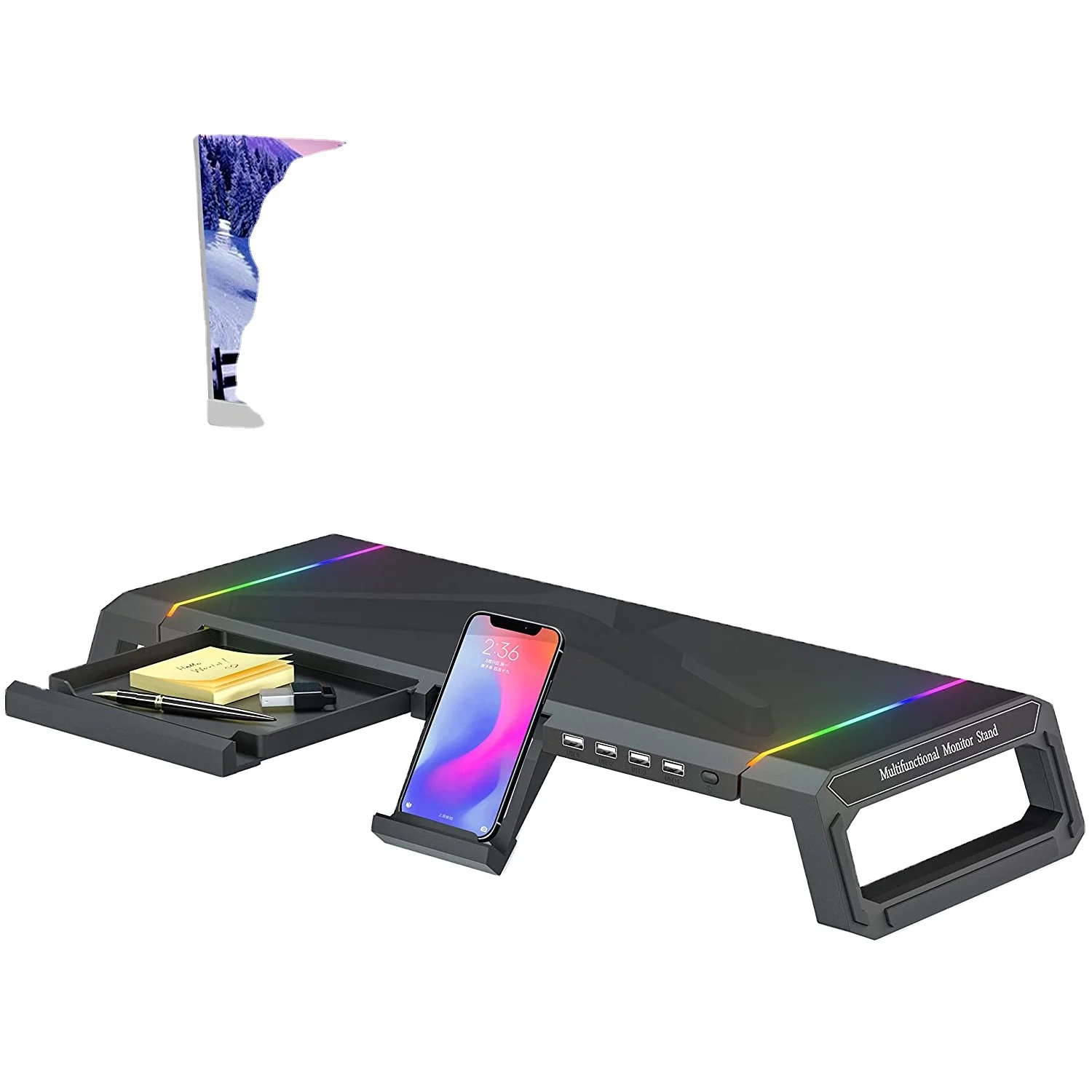 Home Office Desktop Foldable Gaming Lights Computer RGB Monitor Riser Stand with USB HUB and drawer