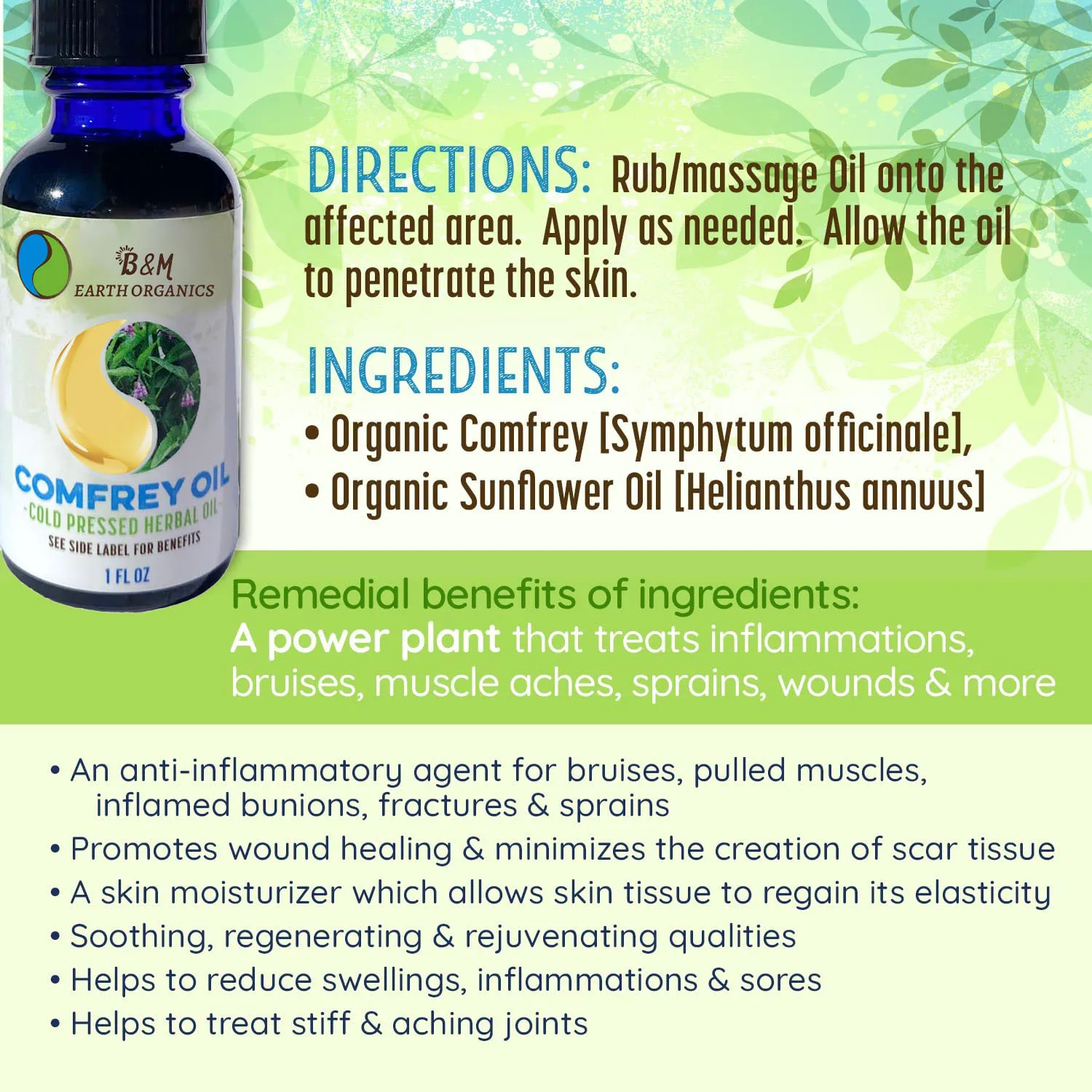 Organic Comfrey Oil Raw Infused Pressed Herbal Oil Organic Sunflower Seed Oil