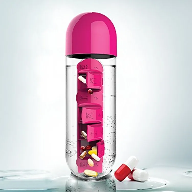 Hot Sale Promotion Travel Portable Plastic Combine Daily Pill Box Organizer with water bottle