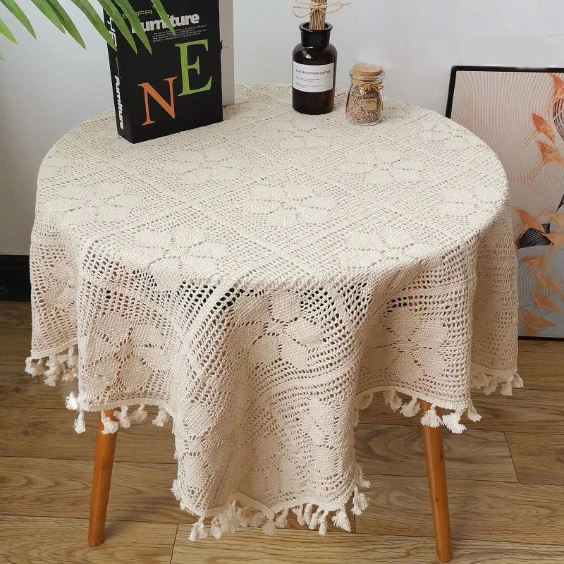 Custom American Beige beautiful petal hollow handmade crochet square 120 round tablecloth