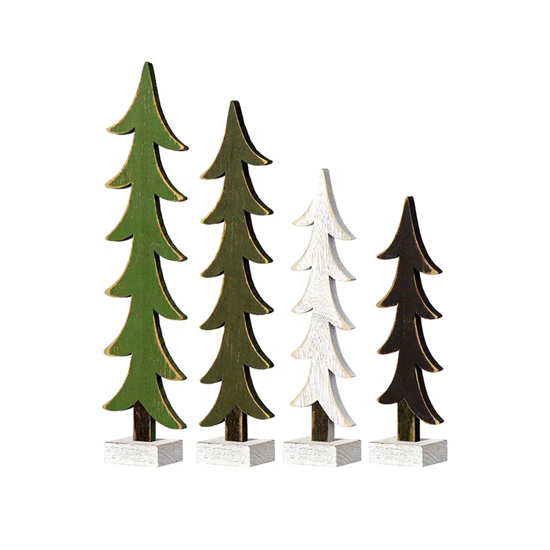 Set Of 3 Farmhouse Centerpieces Original Christmas Wooden Tree Ornaments Tabletop Decorations
