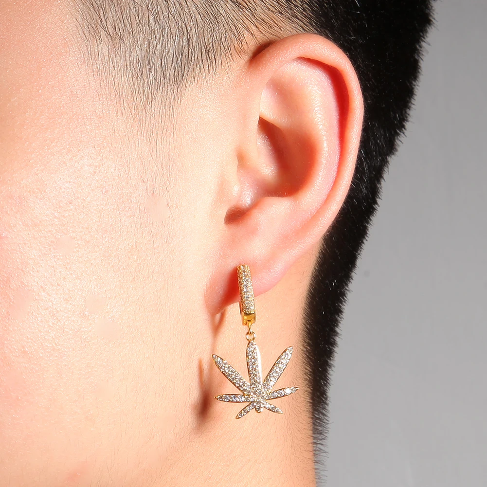 Hip hop Fashion Fine Jewelry Unisex Paved CZ Iced out Maple Leaf Dangle Hoop Earrings Stud Punk Hoop Earrings For Gift