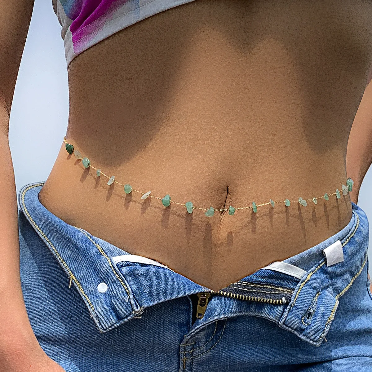 Free  shipping  Single Layer Metal Thin Chain Body Chain Simple Beach Sexy Gravel Braided Waist Chain Women