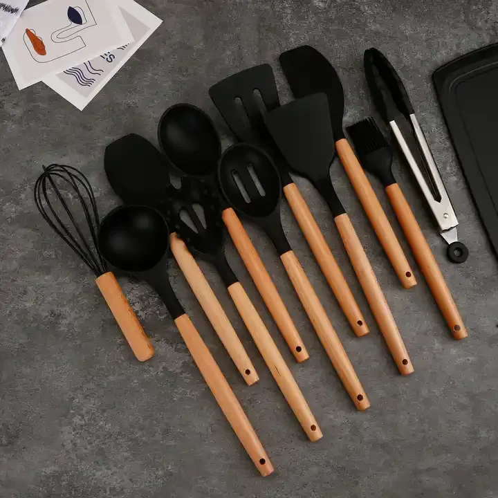 Heat resistance wholesale 19 piece wood handle white soft touch silicone cooking utensils kitchen tools and knife set