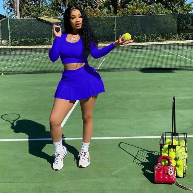 2023 для женщин осень 2 предмета пикантная Повседневная теннисная юбка одежда из двух частей трикотаж бейсбольная с юбкой комплект