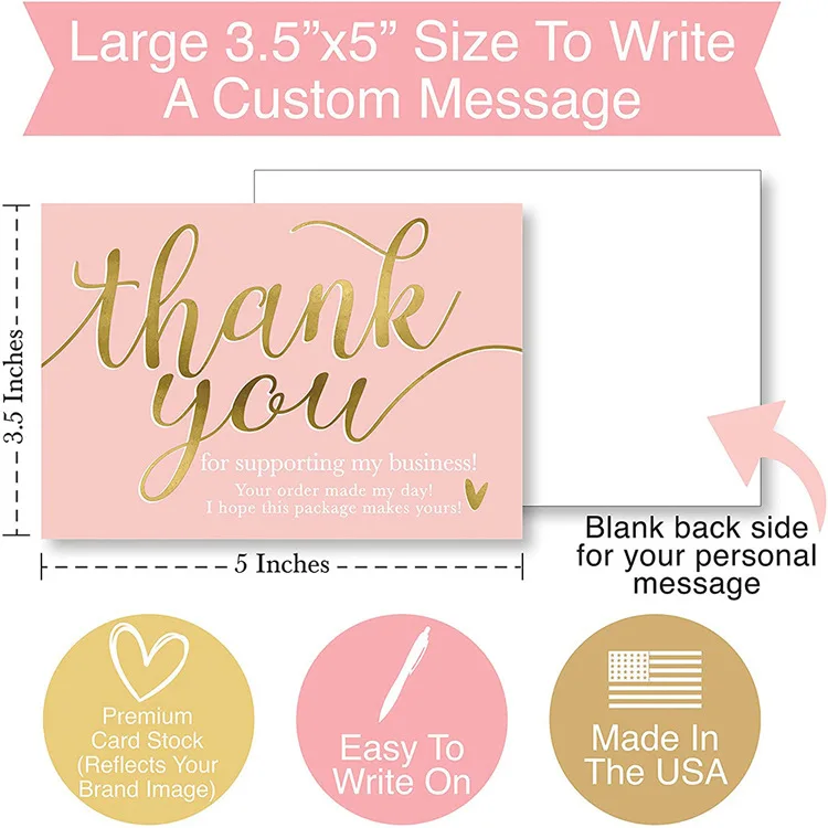 Wholesale Custom Amazon Pink Gold THAN YOU  Cards with Logo Label For Small Business
