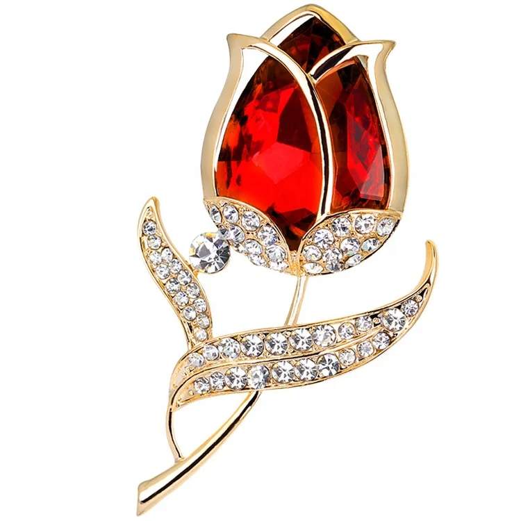 New arrival fashion jewelry custom rhinestone red rose flower brooch
