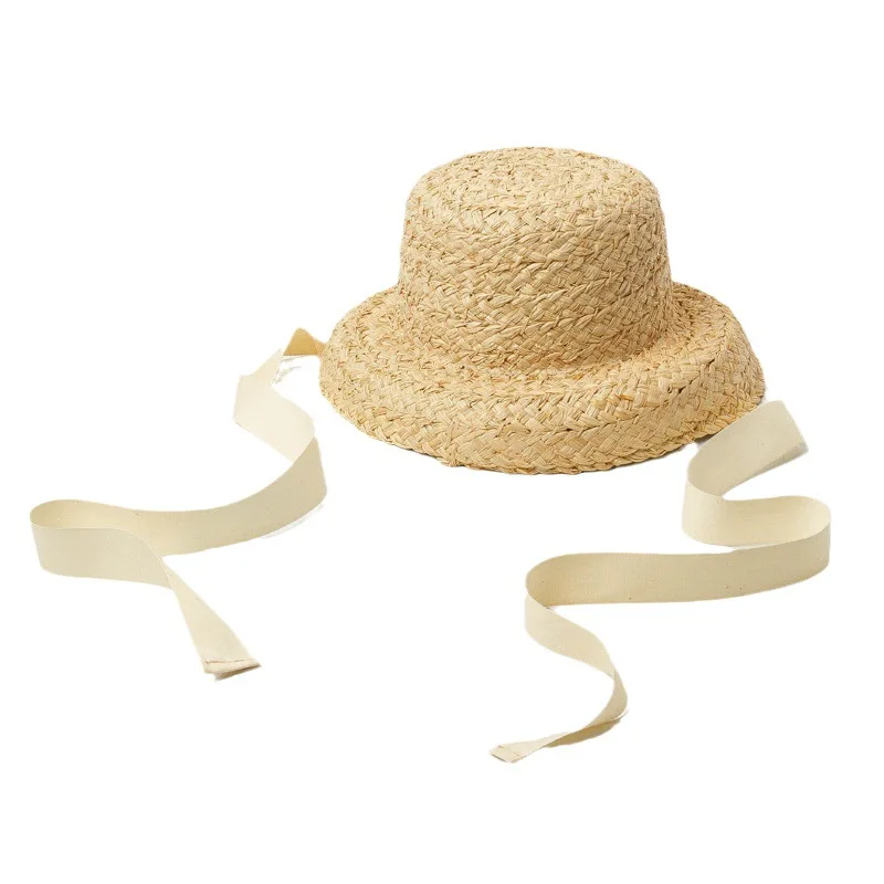 High Quality Hand-Knitted Raffia Flat Top Girls Travel Sunscreen Vacation Straw Hat with Lacing