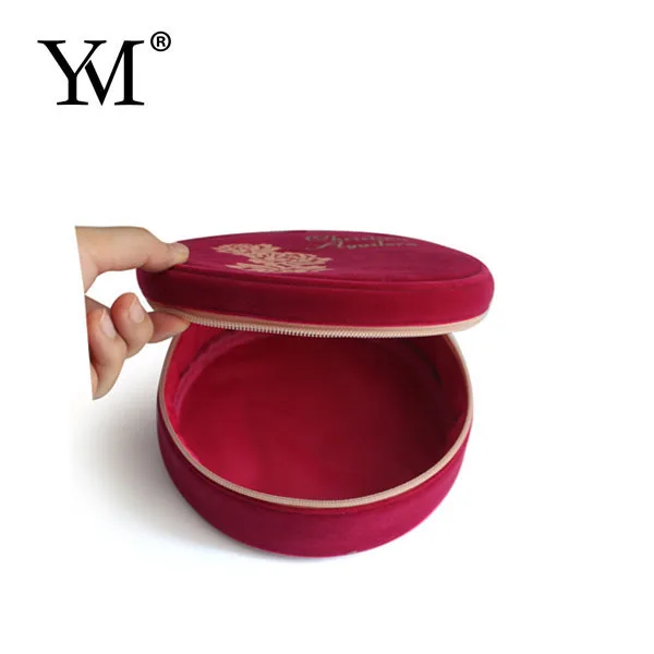 Round shape beauty cosmetic case bag red small convenient carry velvet cosmetic make up bag