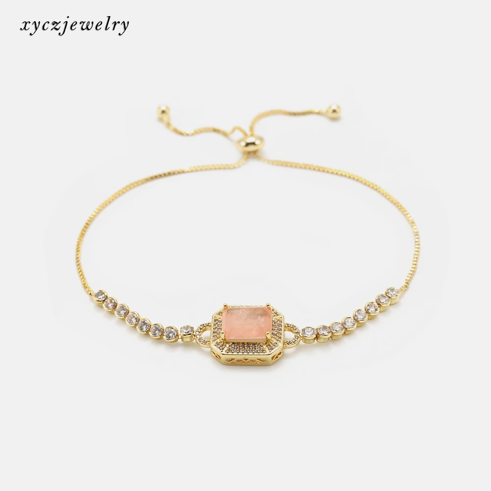 Hot selling cz peach pink rectangle fusion stone adjustable bangle bracelet