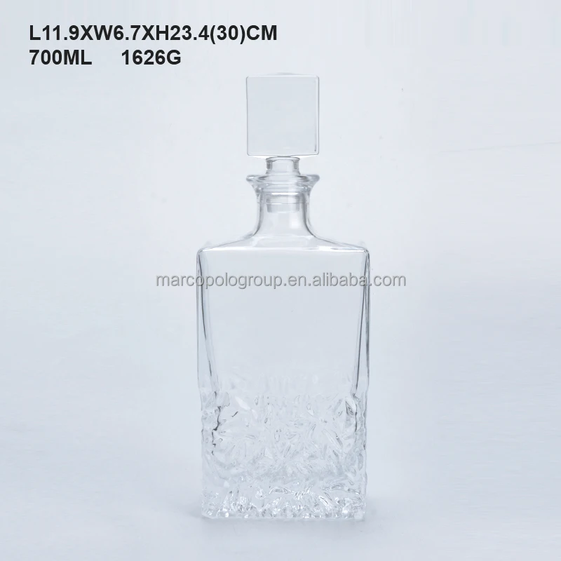 Hotsale round wide mouth glass decanter set water wine pitcher jug 700ml square glass whiskey bottle with glass stopper