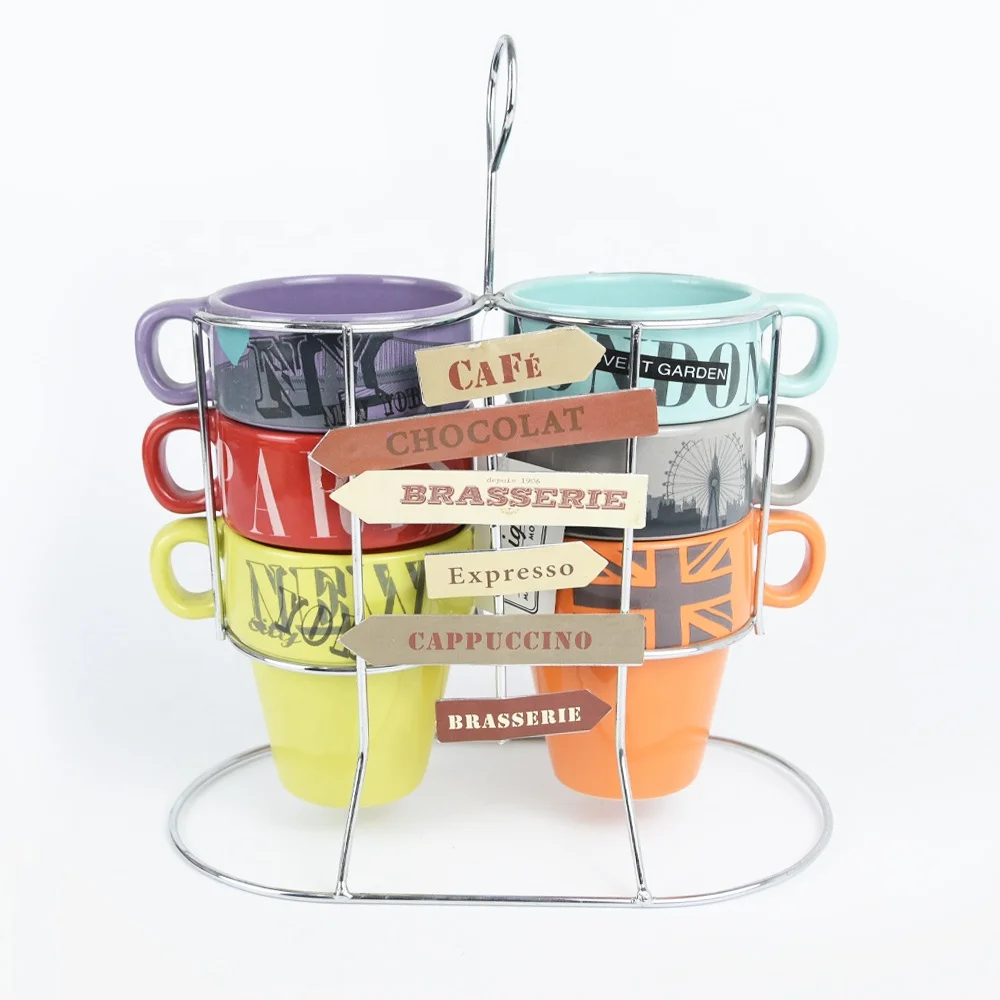 Set of 6pcs 6oz stackable mug with metal rack wholesale ceramic stackable coffee mug Christmas decoration new product ideas 2023