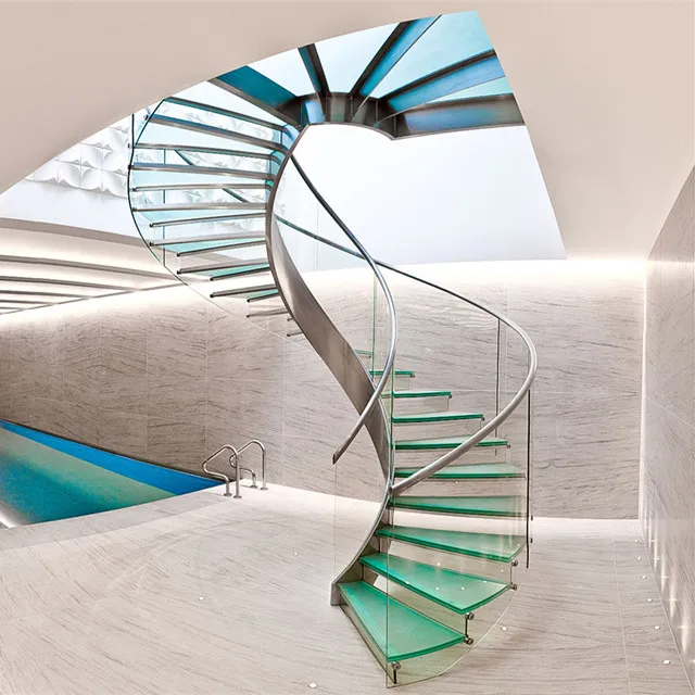 Custom indoor spiral stairs case, stainless steel glass treads small spiral staircase